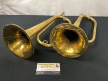 Pair of Antique Brass Bugle Horns, Weathered With Age