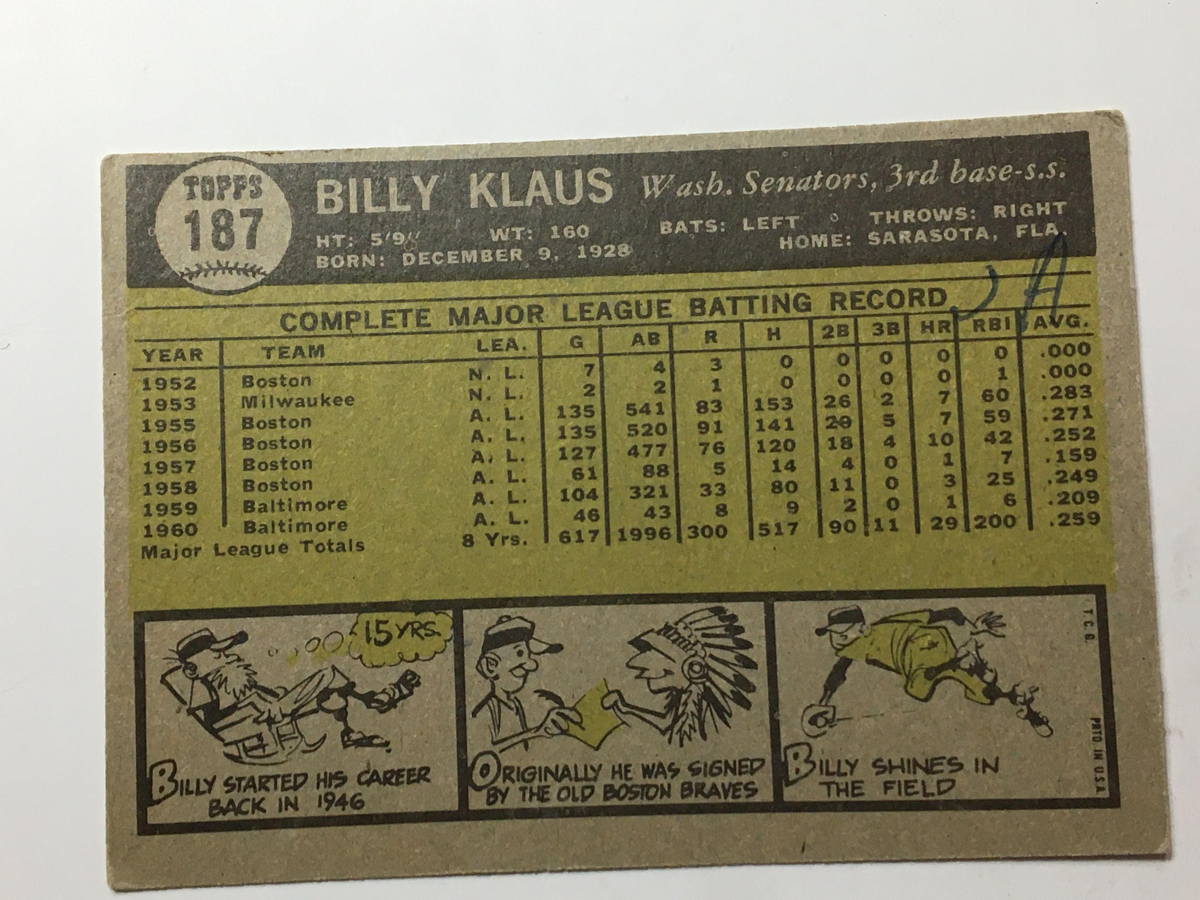 1959 Topps Baseball Card Billy Klaus