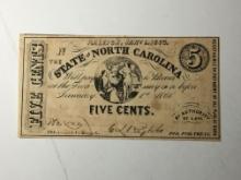 1863 State North Carolina Confederate 5 Cent Note 