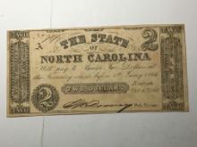 1861 State North Carolina Confederate $2 Note Raleigh