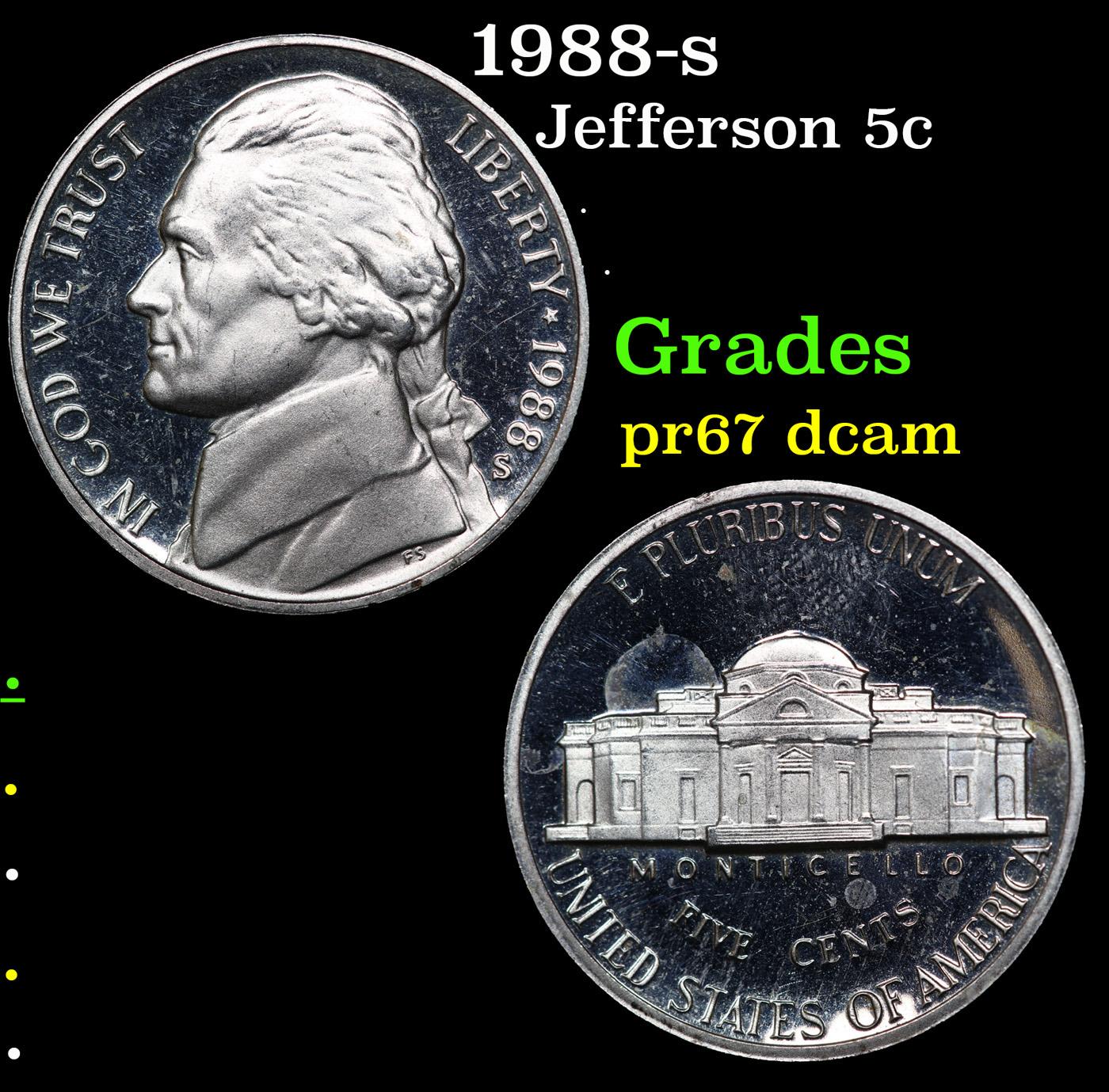 Proof 1988-s Jefferson Nickel 5c Grades GEM++ Proof Deep Cameo