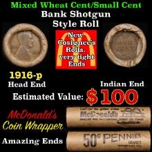 Small Cent Mixed Roll Orig Brandt McDonalds Wrapper, 1916-p Lincoln Wheat end, Indian other end, 50c
