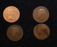 Group of 4 Coins, Great Britain Pennies, 1862, 1913, 1918, 1964 .
