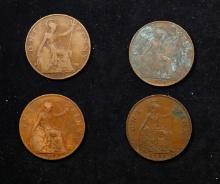 Group of 4 Coins, Great Britain Pennies, 1917, 1919, 1929, 1931 .