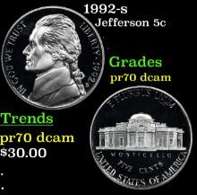 Proof 1992-s Jefferson Nickel 5c Grades GEM++ Proof Deep Cameo