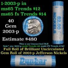 BU Shotgun Jefferson 5c roll, 2003-p 40 pcs Dunbar $2 Nickel Wrapper
