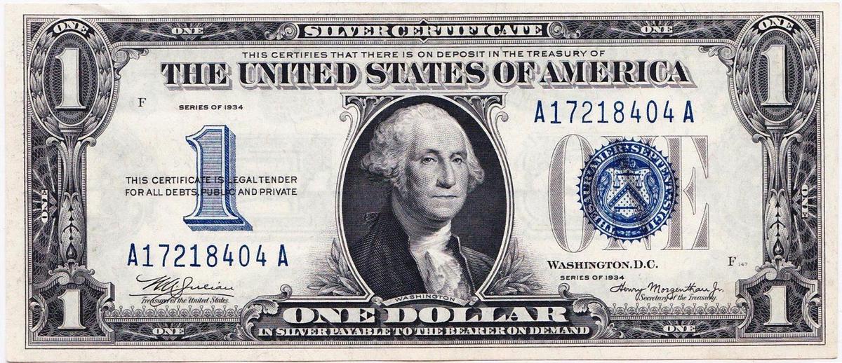 1934 U.S. $1 "funny back" blue seal silver certificate banknote