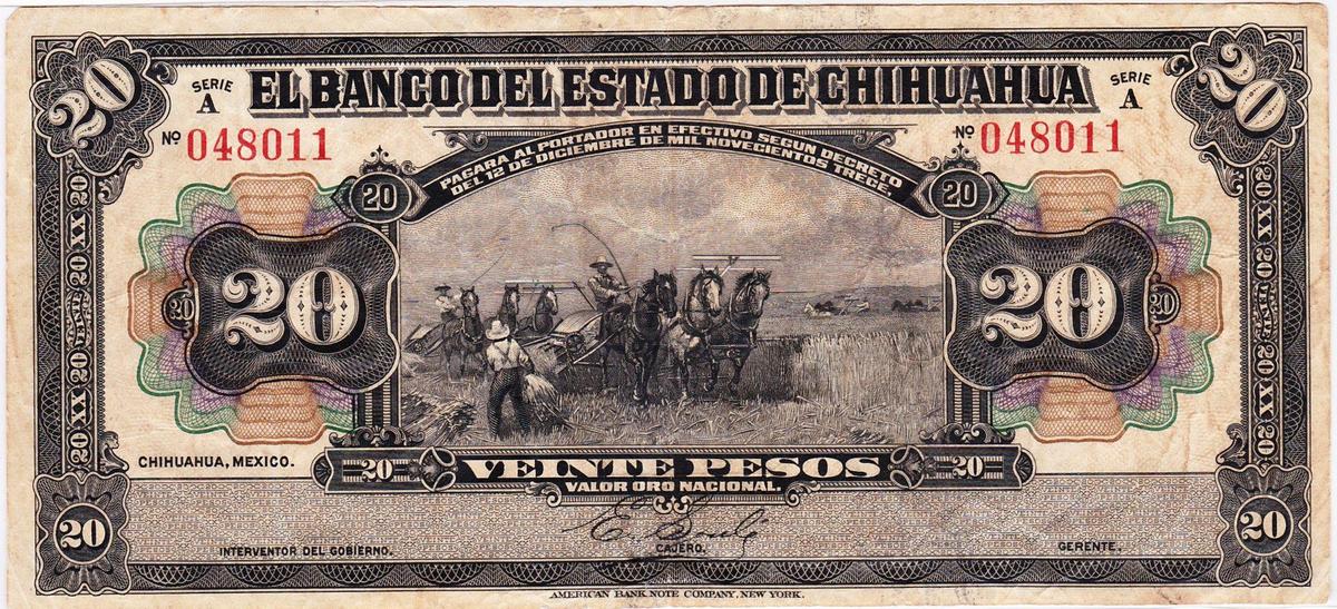 1913 El Banco del Estado de Chihuahua 20 peso banknote