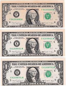 Lot of 3 error 1988A green seal Federal Reserve banknotes