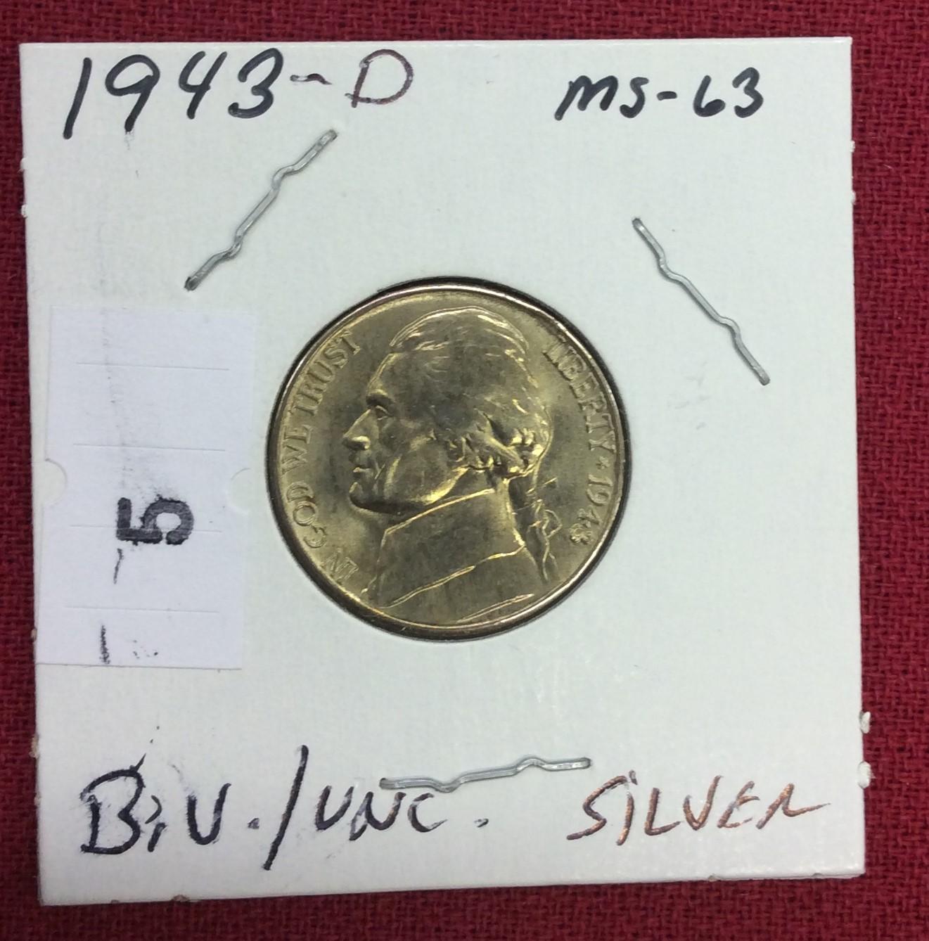 1943 D Silver War Nickel, B.U., MS-63