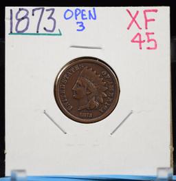 1873 Open 3 Indian Head Cent XF45