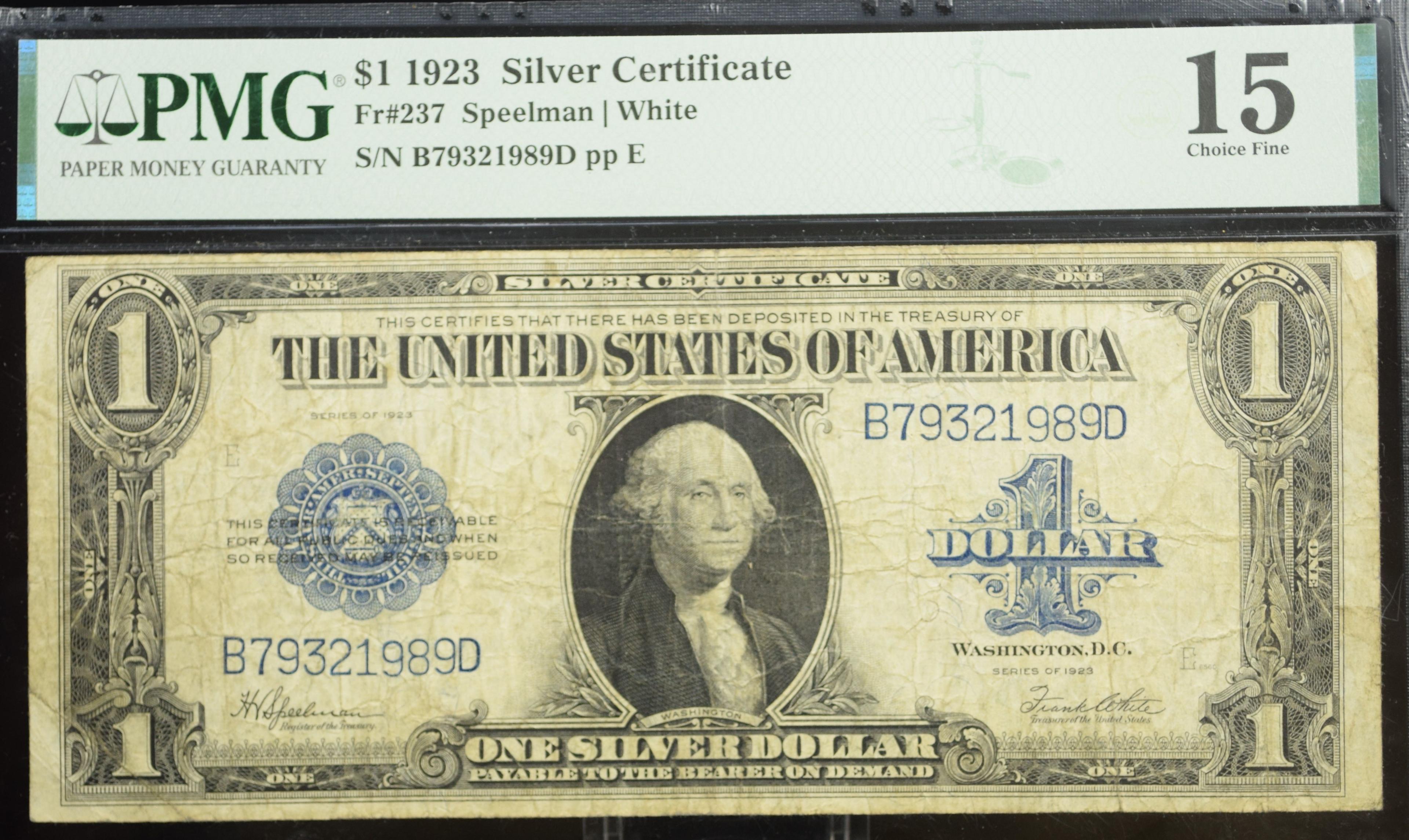 $1 1923 Silver Certificate B97321989 PMG15 CH Fine