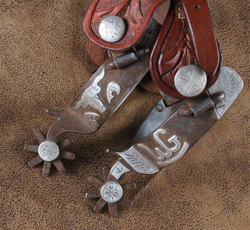 Unique pair of double mounted, silver overlay, hand engraved Spurs by the late Jerry Cates, #2981, s