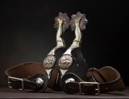 Awesome pair of double mounted, gal-leg Spurs by noted Madill, Oklahoma Bit