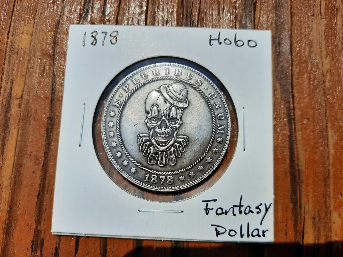 1878 Hobo Morgan Dollar Creepy Clown Skull Skeleton Fantasy Dollar