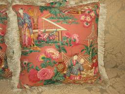 Set of 4 Chinoiserie Chinese Garden/Courtyard Scene Fringe Accent Pillows w/Feathers Filling