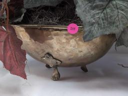 (LR) VINTAGE BRASS TWO HANDLED BOWL WITH SHELL MOTIFF FEET & FAUX. FOLIAGE. IT MEASURES APPROX. 12"W