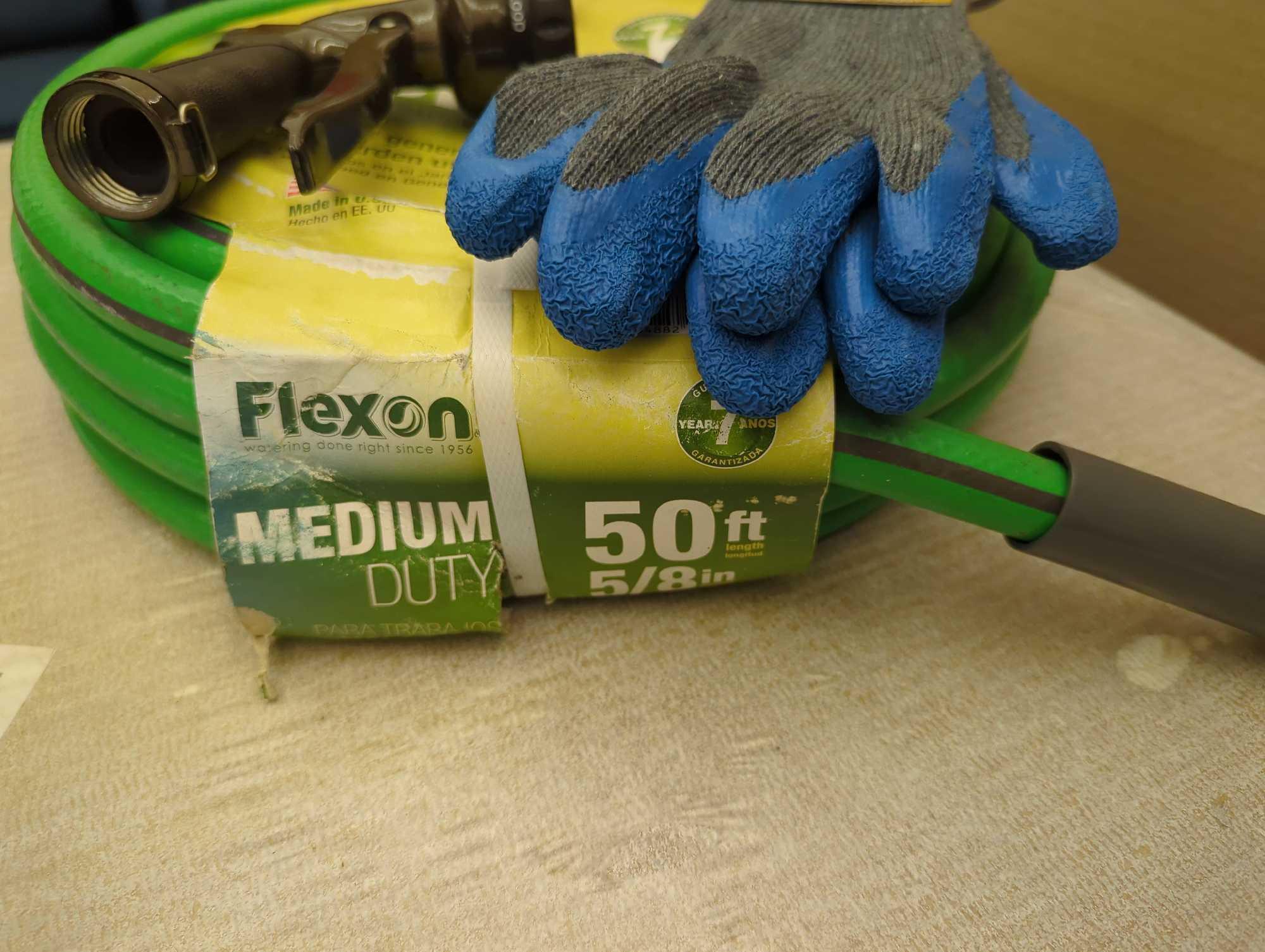 Lot of 3 Garden Items to Include, FIRM GRIP Large Latex Coated Work Gloves New, Flexon 5/8 in. Dia x