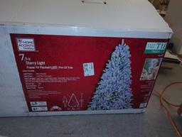 HOME ACCENTS HOLIDAY 7.5' STARRY LIGHT FRASER FIR FLOCKED LED PRE LIT TREE, OPEN BOX, UNIT APPEARS