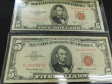 2 Red Seal $5 US Bank Notes