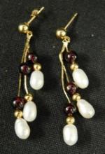14K Yellow Gold - Pierced Earrings - Drop Pearl and Garnet - 2.7 Grams TW