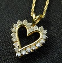 14K Yellow Gold - Necklace - 18" - Heart with Diamonds - 2.6 Grams TW