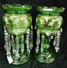 Pair of Antique Mantle Lusters with Prisms - 1 Has Small Crack - Each 14.25" x 5.5"