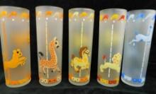 Group of 5 Vintage Frosted Merry Go Round Themed Iced Tea Glasses - Each 7" x 2.5"