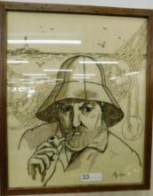 1980 Needlepoint / Embroidery - Sea Captain - Signed - Framed - 22.5" x 18.5"