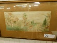 Vintage Framed Watercolor - Country Lane - 10.5" x 16.5"