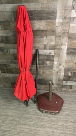 RED PATIO SHADE UMBRELLA & WEIGHTED STAND