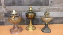 ANTIQUE BRASS AND GLASS OIL LAMPS