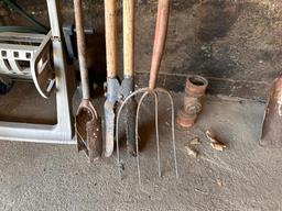 Yard Tools, Hose Reel, Pitch Fork, Post Hole Diggers, Saws