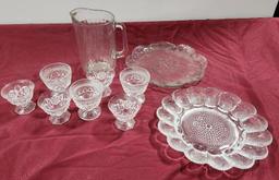 Crystal or Cut Glass Vintage Sherbet Glasses, Egg Platter, Plate & Pitcher