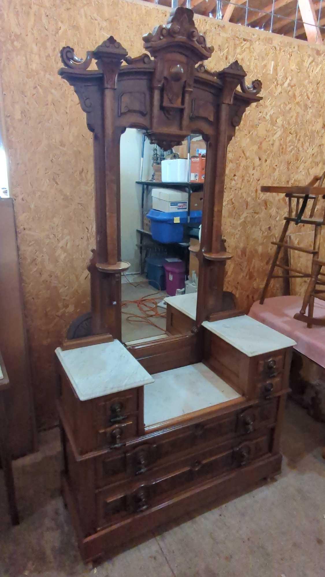 VICTORIAN WALNUT DRESSER WITH MIRROR DIMENSIONS IN PICTURE