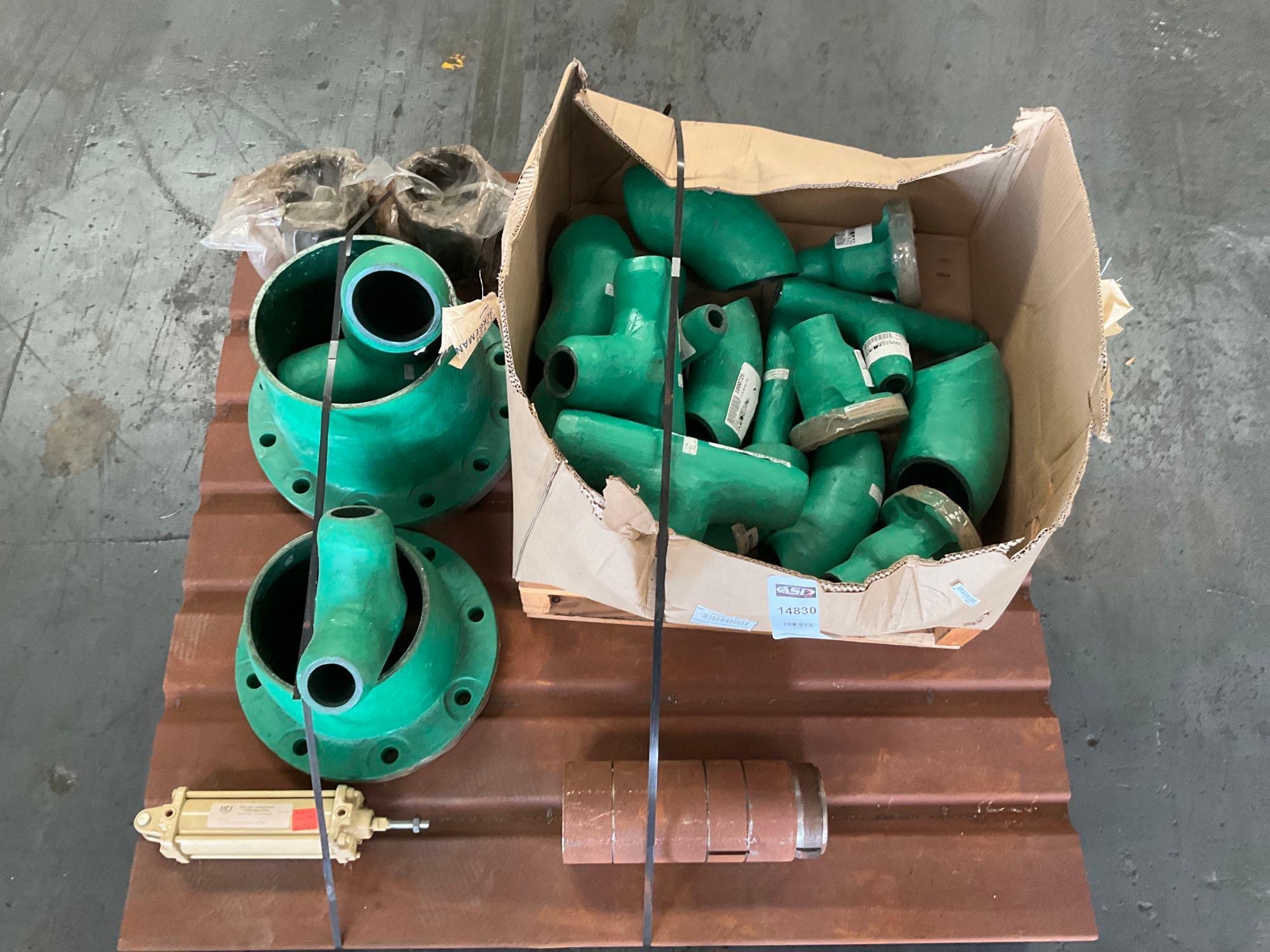 PALLET OF ASSORTED FIBERGLASS ELBOWS / TEE &FLANG STUBS , SOME MISC CYLINDERS INCLUDED