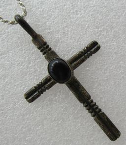 "RP" ONYX CROSS 20" ROPE NECKLACE STERLING SILVER