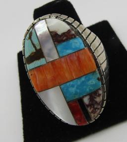 "R" TURQUOISE INLAY RING STERLING SILVER SIZE 13
