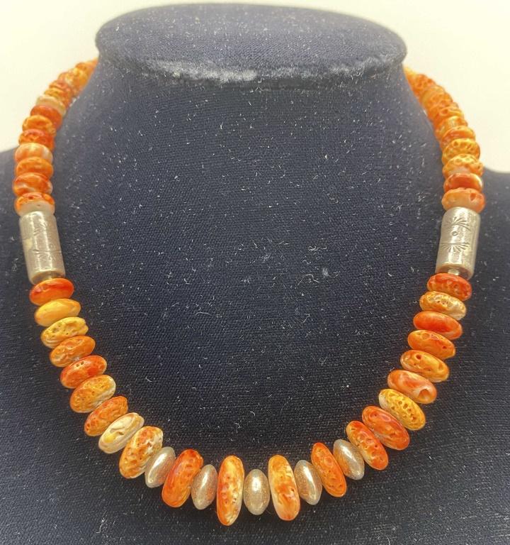 OLD PAWN STERLING NAVAJO ORANGE SHELL NECKLACE
