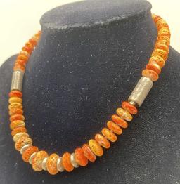 OLD PAWN STERLING NAVAJO ORANGE SHELL NECKLACE