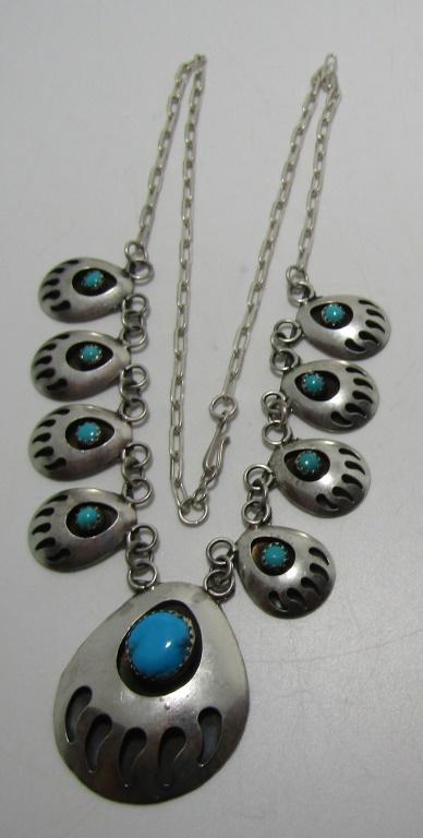 TURQUOISE BEAR CLAW PAW NECKLACE STERLING SILVER