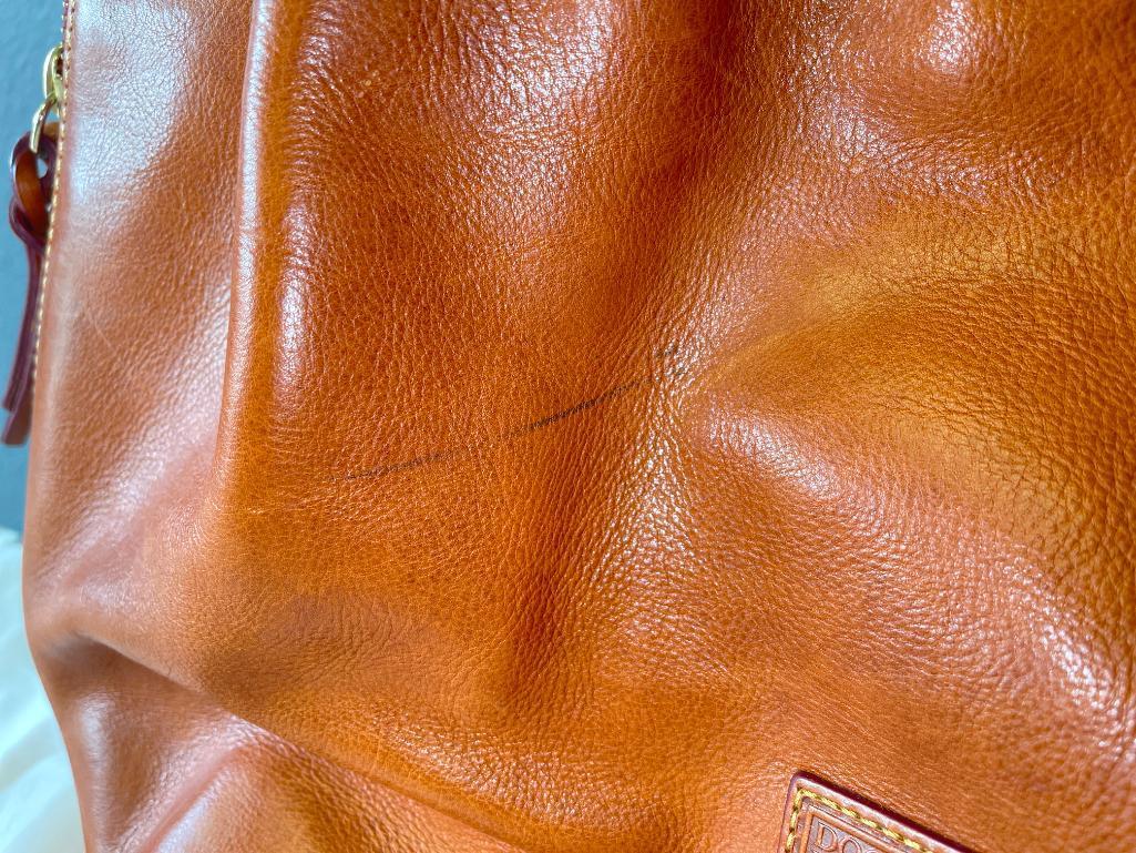 Ladies Cognac Leather Dooney & Bourke Handbag w/Braided Leather Handles and Tweed Liner