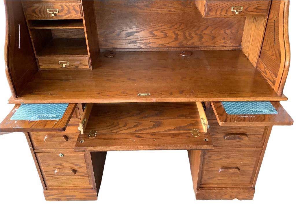 Oak Roll Top Desk With Hutch & Flip Down