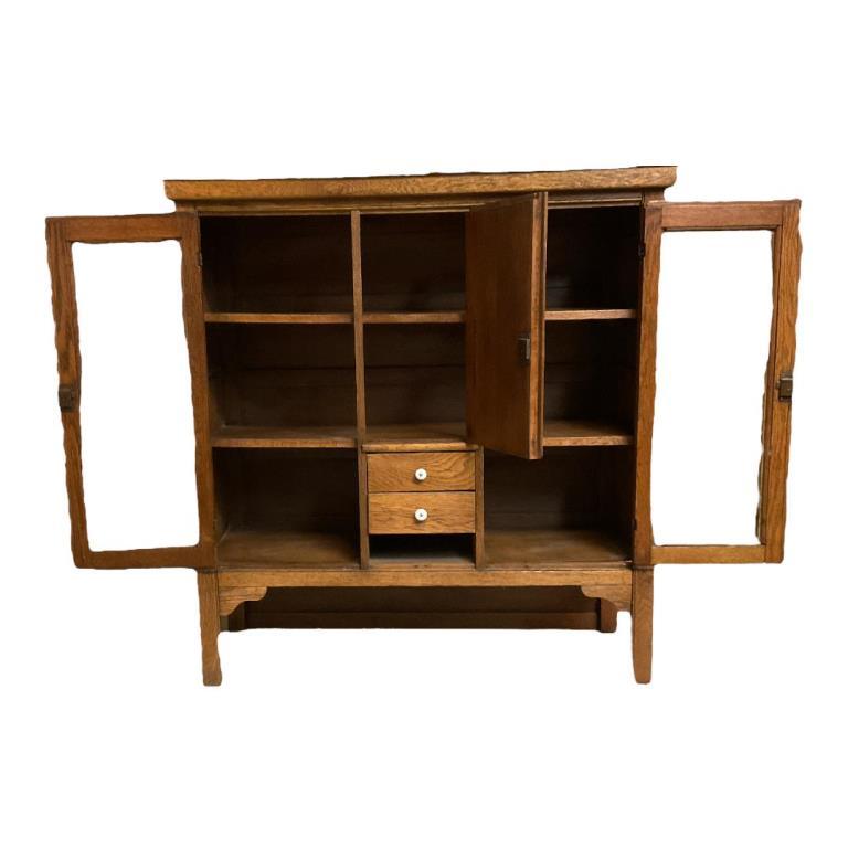 Antique Oak Bookcase with (2) Glass Doors— Brass