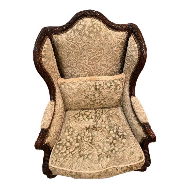 Upholstered Wing Chair with Carved Hardwood Frame