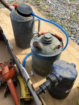 Assorted Oil Cans, Trailer Hitch Balls, Lights,