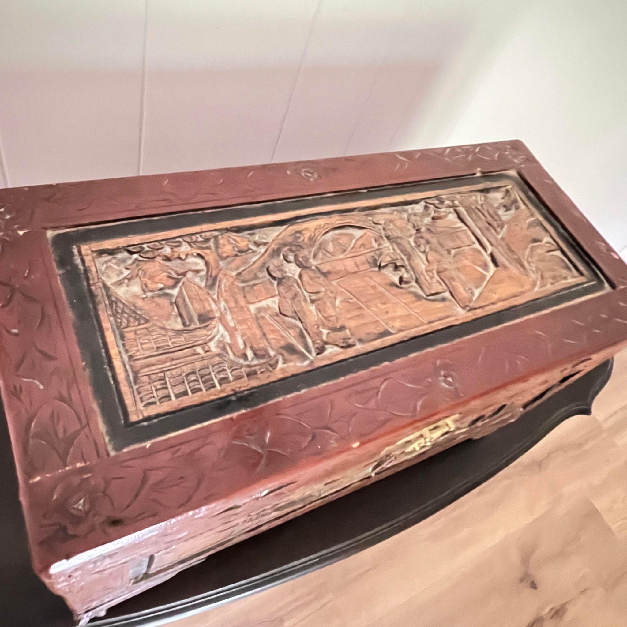 Ornately Carved Wooden Box with Oriental Scene