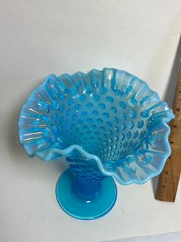 Vintage Fenton Blue Hobnail Ruffled Top Vase
