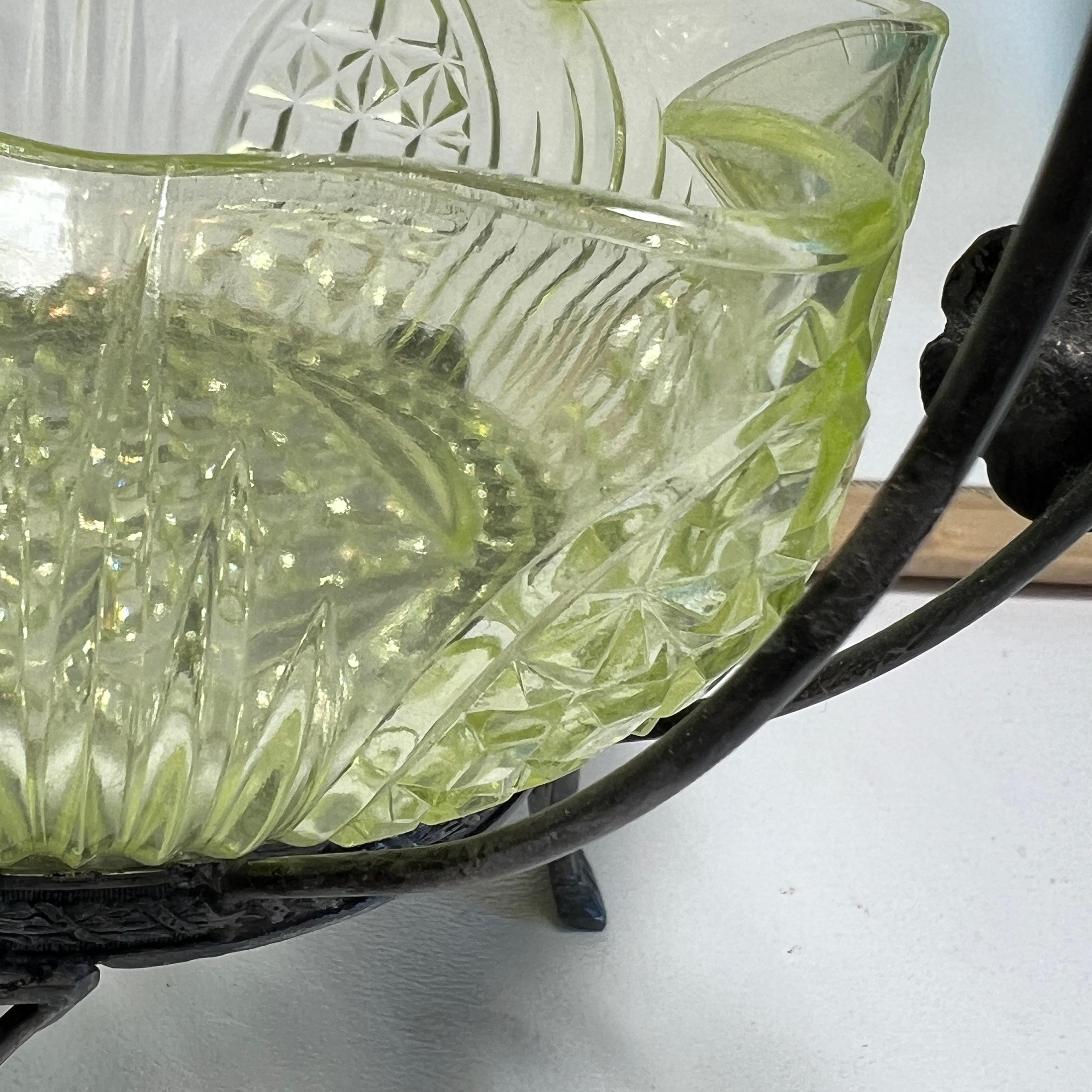 Green Glass Dish with Ruffled Edge in Metal Hummingbird Footed Caddy