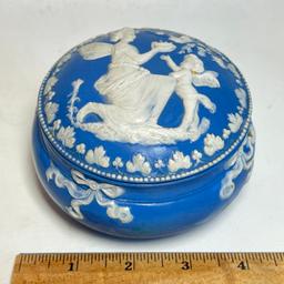 Blue & White Pottery Round Trinket Box with Angel Scene